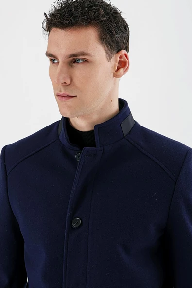 Koyu Lacivert Kaşe Hakim Yaka Astarlı Slim Fit Dar Kesim Casual Mont 1007235171 - 5