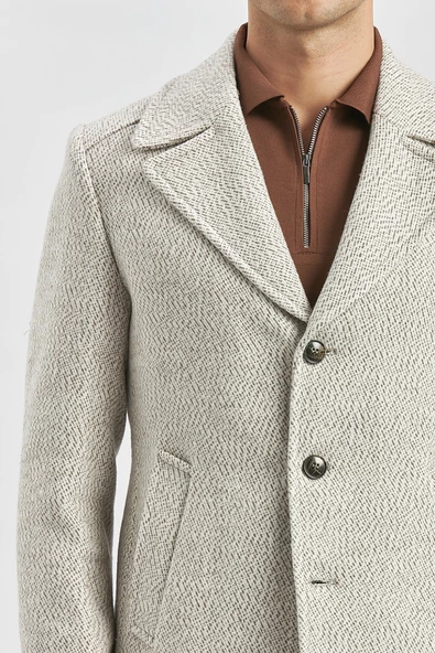 Açık Bej Kaşe Kırlangıç Yaka Desenli Astarlı Slim Fit Dar Kesim Klasik Mont 1007245150 - 2