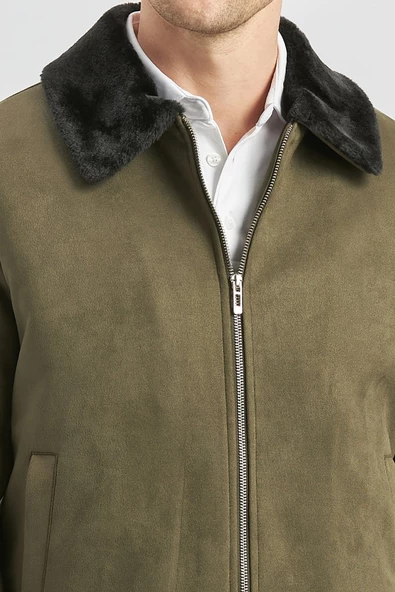 Koyu Haki Dolumlu Kürklü Yaka Likralı Kapitoneli Astar Slim Fit Dar Kesim Casual Mont 1007245152 - Resim 5