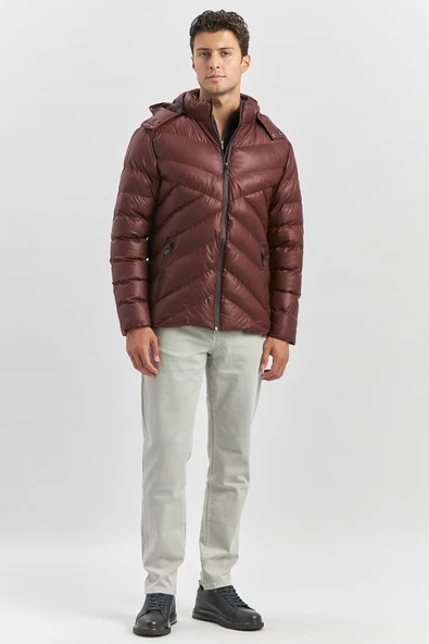 Bordo Dolumlu Çıkarılabilir Kapüşonlu Astarlı Slim Fit Dar Kesim Casual Mont 1007245151 - Resim 2
