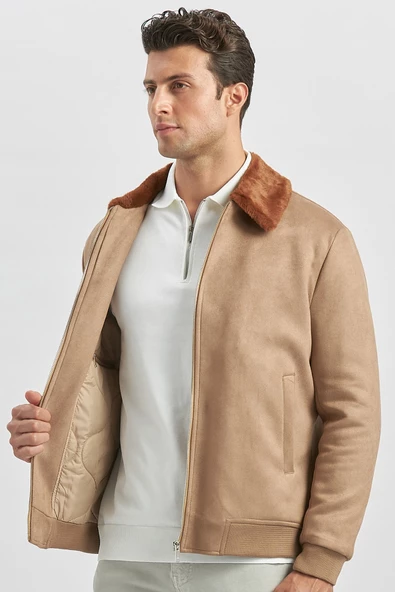 Koyu Camel Dolumlu Kürklü Yaka Likralı Kapitoneli Astar Slim Fit Dar Kesim Casual Mont 1007245152 - Resim 2