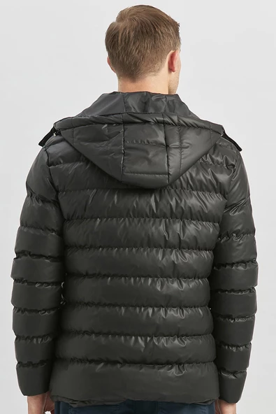 Siyah Dolumlu Çıkarılabilir Kapüşonlu Astarlı Slim Fit Dar Kesim Casual Mont 1007245151 - Resim 5