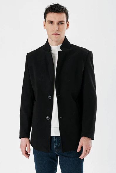 Siyah Kaşe Dik Yaka Astarlı Slim Fit Dar Kesim Casual Mont 1007235170 - 3