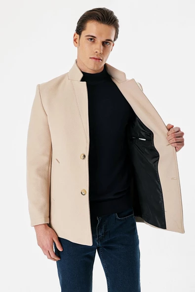 Açık Bej Kaşe Dik Yaka Astarlı Slim Fit Dar Kesim Casual Mont 1007235170 - 2