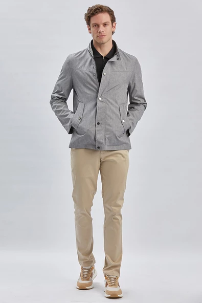 Gri Dik Yaka Yarım Astar Comfort Fit Rahat Kesim Casual Mont 1007240150 - Resim 2