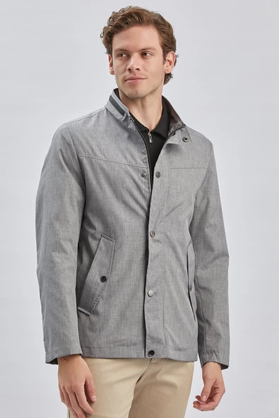 Gri Dik Yaka Yarım Astar Comfort Fit Rahat Kesim Casual Mont 1007240150 - Resim 3