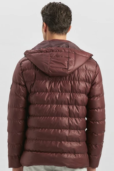 Bordo Dolumlu Çıkarılabilir Kapüşonlu Astarlı Slim Fit Dar Kesim Casual Mont 1007245151 - Resim 6