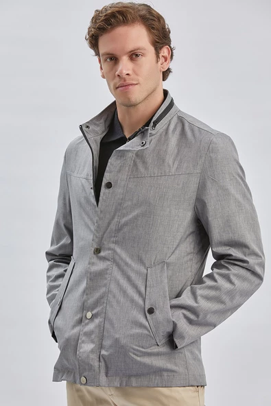 Gri Dik Yaka Yarım Astar Comfort Fit Rahat Kesim Casual Mont 1007240150 - Resim 4