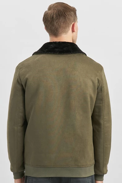 Koyu Haki Dolumlu Kürklü Yaka Likralı Kapitoneli Astar Slim Fit Dar Kesim Casual Mont 1007245152 - Resim 6