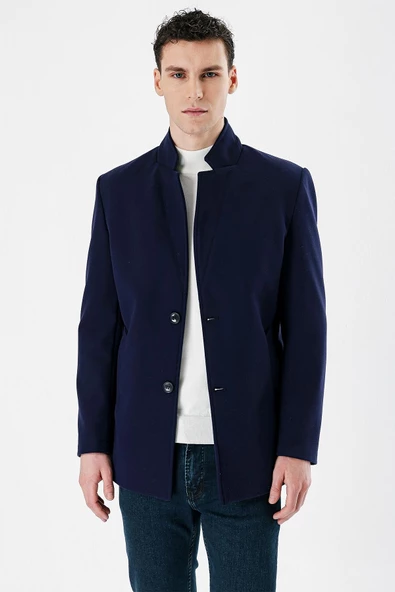 Koyu Lacivert Kaşe Dik Yaka Astarlı Slim Fit Dar Kesim Casual Mont 1007235170 - 5