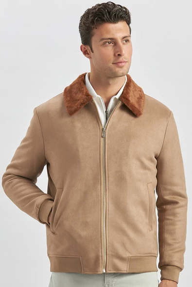 Koyu Camel Dolumlu Kürklü Yaka Likralı Kapitoneli Astar Slim Fit Dar Kesim Casual Mont 1007245152 - Resim 4