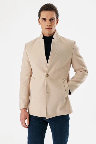 Açık Bej Kaşe Dik Yaka Astarlı Slim Fit Dar Kesim Casual Mont 1007235170 - 3