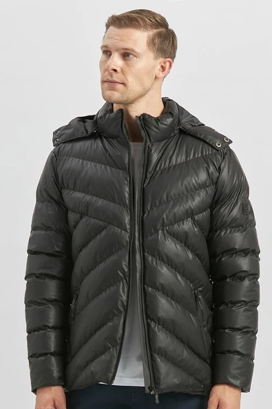 Siyah Dolumlu Çıkarılabilir Kapüşonlu Astarlı Slim Fit Dar Kesim Casual Mont 1007245151 - Resim 2