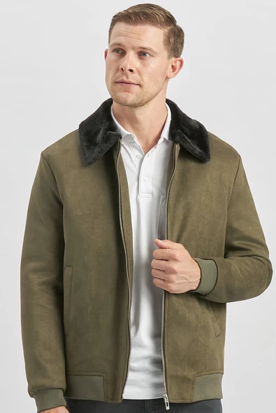 Koyu Haki Dolumlu Kürklü Yaka Likralı Kapitoneli Astar Slim Fit Dar Kesim Casual Mont 1007245152 - Resim 2