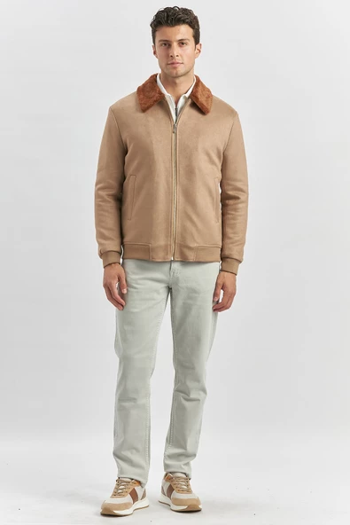 Koyu Camel Dolumlu Kürklü Yaka Likralı Kapitoneli Astar Slim Fit Dar Kesim Casual Mont 1007245152 - Resim 3