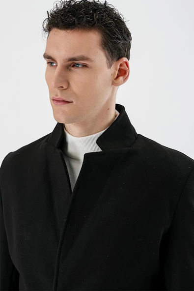 Siyah Kaşe Dik Yaka Astarlı Slim Fit Dar Kesim Casual Mont 1007235170 - 6