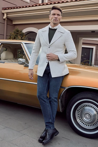 Taş Rengi Kaşe Kırlangıç Yaka Desenli Astarlı Slim Fit Dar Kesim Klasik Mont 1007245150 - 2