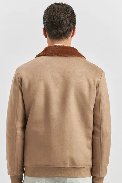 Koyu Camel Dolumlu Kürklü Yaka Likralı Kapitoneli Astar Slim Fit Dar Kesim Casual Mont 1007245152 - Resim 5