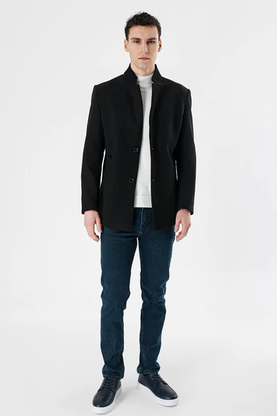 Siyah Kaşe Dik Yaka Astarlı Slim Fit Dar Kesim Casual Mont 1007235170 - 5