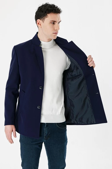 Koyu Lacivert Kaşe Dik Yaka Astarlı Slim Fit Dar Kesim Casual Mont 1007235170 - 3