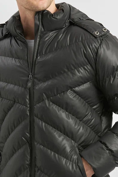 Siyah Dolumlu Çıkarılabilir Kapüşonlu Astarlı Slim Fit Dar Kesim Casual Mont 1007245151 - Resim 4