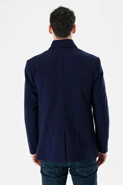 Koyu Lacivert Kaşe Dik Yaka Astarlı Slim Fit Dar Kesim Casual Mont 1007235170 - 6