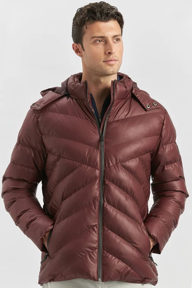 Bordo Dolumlu Çıkarılabilir Kapüşonlu Astarlı Slim Fit Dar Kesim Casual Mont 1007245151 - Resim 3