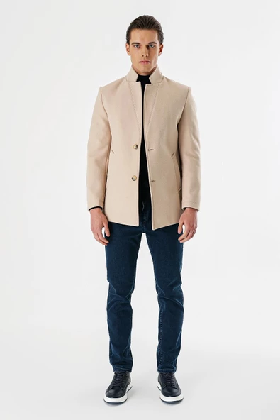 Açık Bej Kaşe Dik Yaka Astarlı Slim Fit Dar Kesim Casual Mont 1007235170 - 4