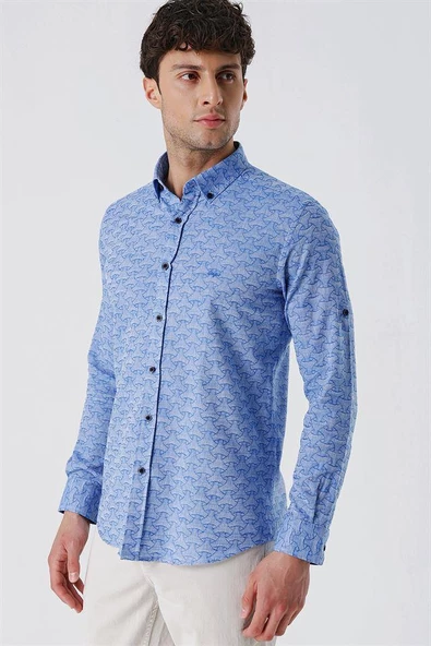Mavi Kısalabilir Kollu Desenli JakarlıCepsiz %100 Pamuk Casual Slim Fit Gömlek 1004230181 - Resim 4