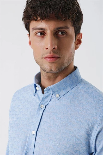 Koyu Mavi Kısalabilir Kollu Desenli JakarlıCepsiz %100 Pamuk Casual Slim Fit Gömlek 1004230181 - Resim 6
