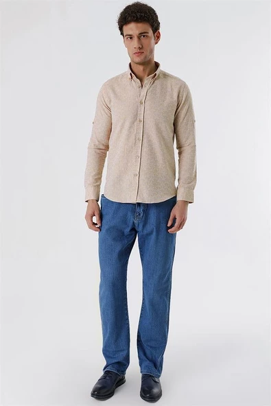 Bej Kısalabilir Kollu Desenli JakarlıCepsiz %100 Pamuk Casual Slim Fit Gömlek 1004230181 - Resim 4