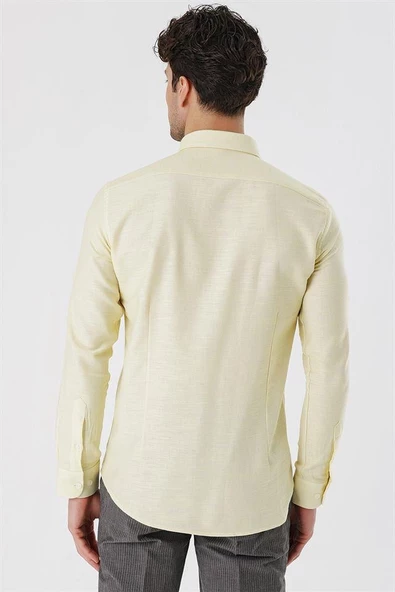 Sarı Kısalabilir Kollu Gabardin Cepsiz %100 Pamuk Casual Slim Fit Dar Kesim Gömlek 1004230180 - Resim 6