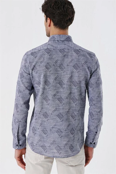 Koyu Lacivert Kısalabilir Kollu Desenli JakarlıCepsiz %100 Pamuk Casual Slim Fit Gömlek 1004230182 - Resim 6
