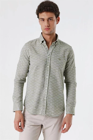 Koyu Haki Kısalabilir Kollu Desenli JakarlıCepsiz %100 Pamuk Casual Slim Fit Gömlek 1004230181