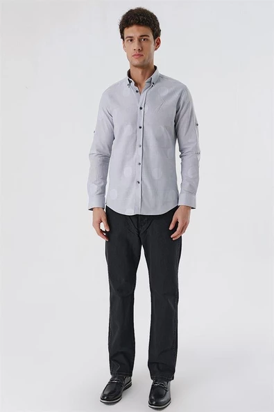 Açık Gri Kısalabilir Kollu Desenli JakarlıCepsiz %100 Pamuk Casual Slim Fit Gömlek 1004230183 - Resim 4