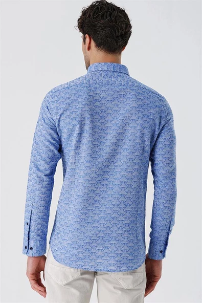 Mavi Kısalabilir Kollu Desenli JakarlıCepsiz %100 Pamuk Casual Slim Fit Gömlek 1004230181 - Resim 7