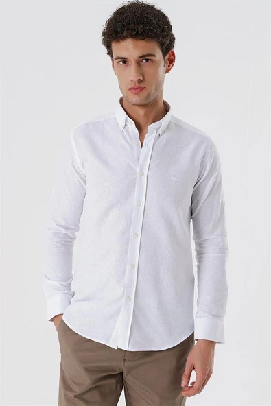 Beyaz Kısalabilir Kollu Desenli JakarlıCepsiz %100 Pamuk Casual Slim Fit Gömlek 1004230182