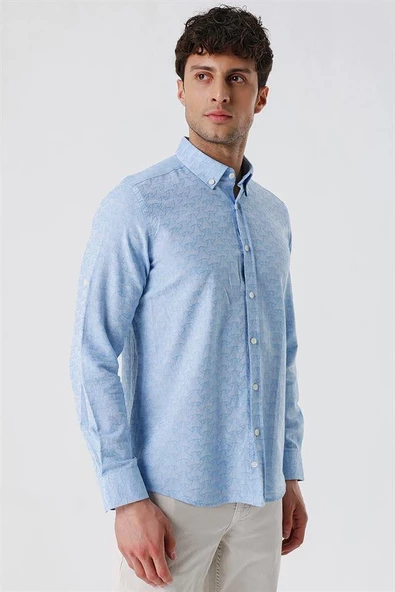 Koyu Mavi Kısalabilir Kollu Desenli JakarlıCepsiz %100 Pamuk Casual Slim Fit Gömlek 1004230181 - Resim 4