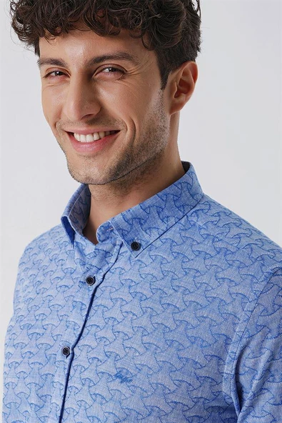 Mavi Kısalabilir Kollu Desenli JakarlıCepsiz %100 Pamuk Casual Slim Fit Gömlek 1004230181 - Resim 6