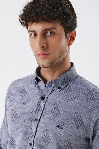 Koyu Lacivert Kısalabilir Kollu Desenli JakarlıCepsiz %100 Pamuk Casual Slim Fit Gömlek 1004230182 - Resim 5