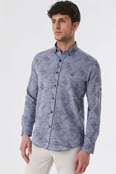 Koyu Lacivert Kısalabilir Kollu Desenli JakarlıCepsiz %100 Pamuk Casual Slim Fit Gömlek 1004230182 - Resim 3