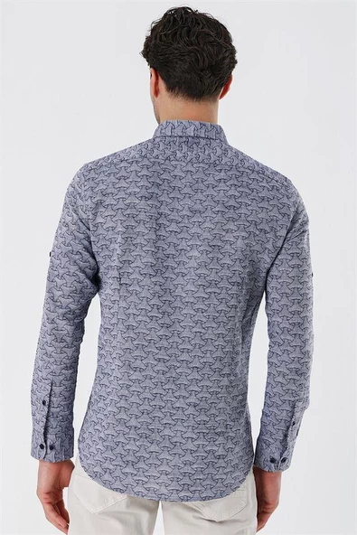Koyu Lacivert Kısalabilir Kollu Desenli JakarlıCepsiz %100 Pamuk Casual Slim Fit Gömlek 1004230181 - Resim 6