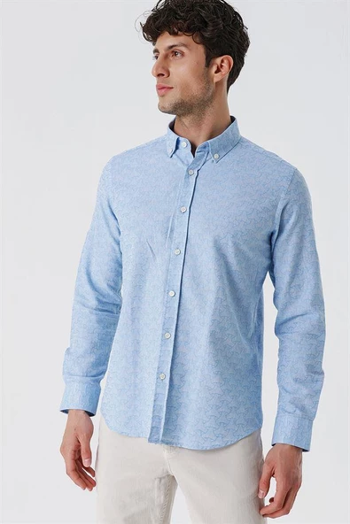 Koyu Mavi Kısalabilir Kollu Desenli JakarlıCepsiz %100 Pamuk Casual Slim Fit Gömlek 1004230181 - Resim 3