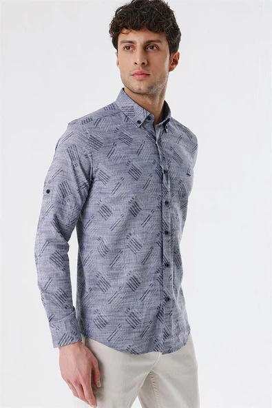 Koyu Lacivert Kısalabilir Kollu Desenli JakarlıCepsiz %100 Pamuk Casual Slim Fit Gömlek 1004230182 - Resim 2