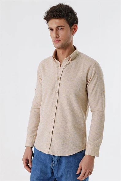 Bej Kısalabilir Kollu Desenli JakarlıCepsiz %100 Pamuk Casual Slim Fit Gömlek 1004230181 - Resim 3