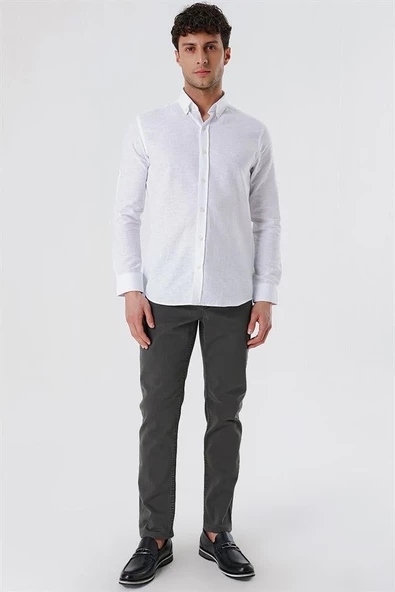 Beyaz Kısalabilir Kollu Desenli JakarlıCepsiz %100 Pamuk Casual Slim Fit Gömlek 1004230181 - Resim 4