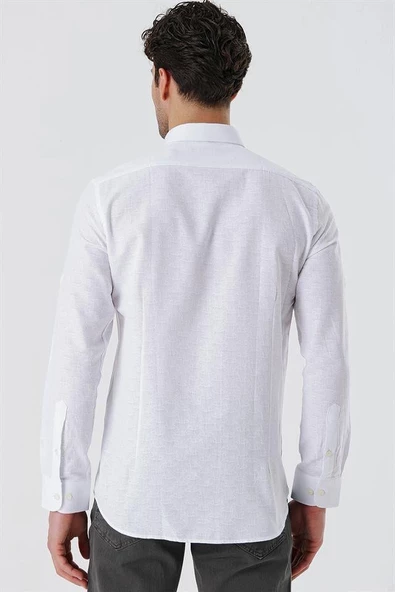 Beyaz Kısalabilir Kollu Desenli JakarlıCepsiz %100 Pamuk Casual Slim Fit Gömlek 1004230181 - Resim 6