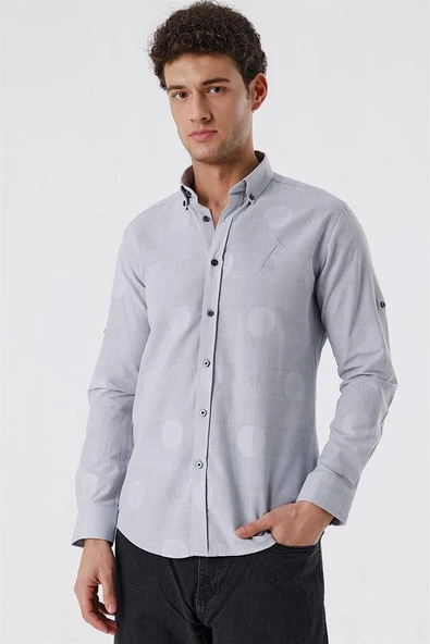 Açık Gri Kısalabilir Kollu Desenli JakarlıCepsiz %100 Pamuk Casual Slim Fit Gömlek 1004230183 - Resim 2
