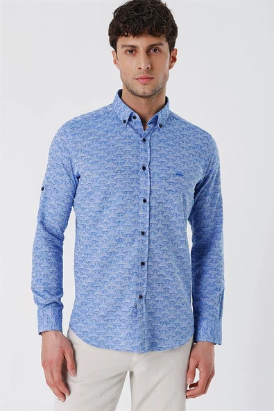 Mavi Kısalabilir Kollu Desenli JakarlıCepsiz %100 Pamuk Casual Slim Fit Gömlek 1004230181