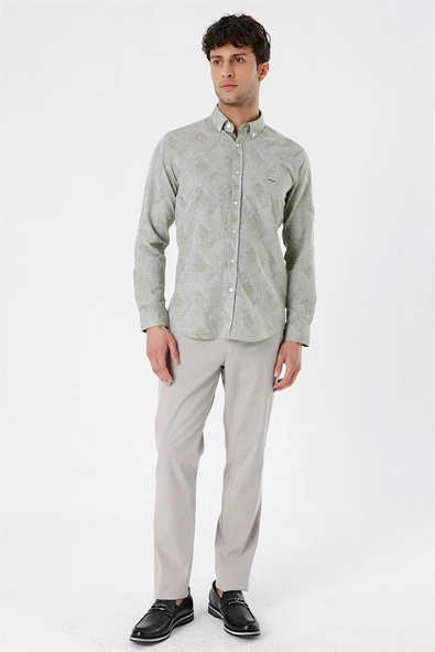 Koyu Haki Kısalabilir Kollu Desenli JakarlıCepsiz %100 Pamuk Casual Slim Fit Gömlek 1004230182 - Resim 4